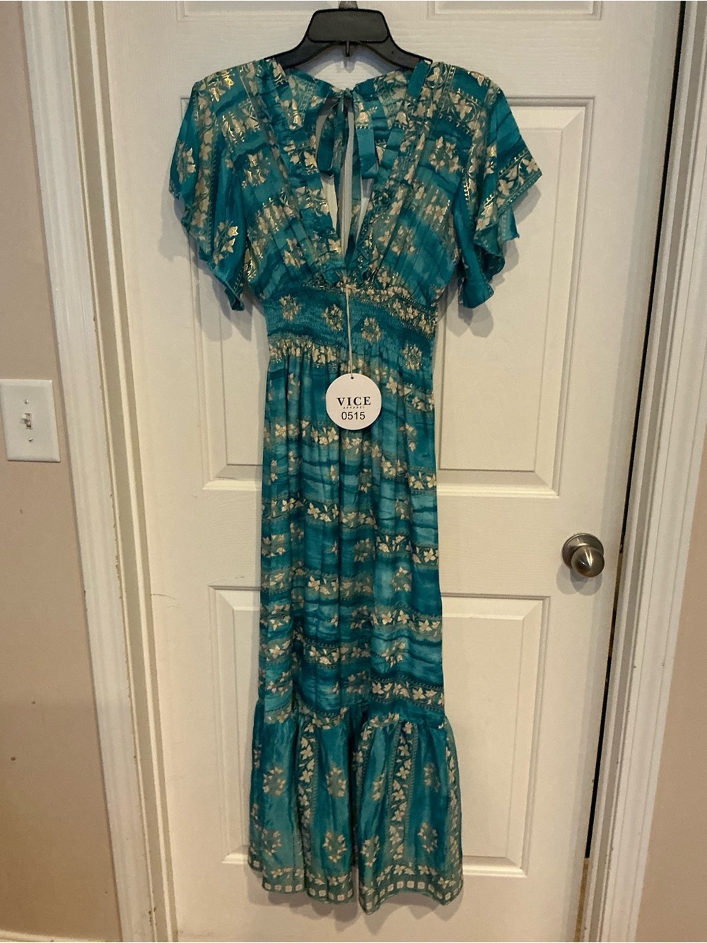 Teal Floral Tie-Neck Maxi Dress